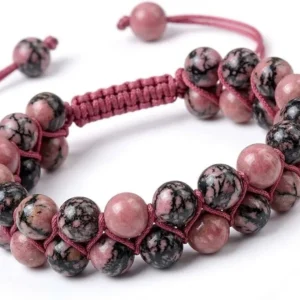 Handmade double-row natural rhodonite crystal beaded bracelet featuring polished rhodonite beads woven with adjustable pink thread, shown on a white background