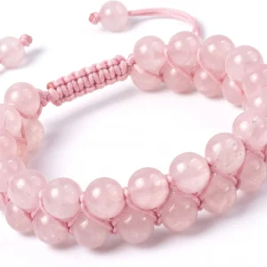 Handmade double-row natural rose quartz crystal beaded bracelet featuring polished rose quartz beads woven with adjustable rose pink thread, shown on a white background