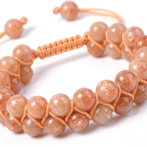 Handmade double-row natural sunstone crystal beaded bracelet featuring polished sunstone beads woven with adjustable light orange thread, shown on a white background