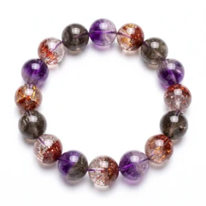 Top-down commercial product photograph of a natural Super Seven (Super 7) 12.5mm beaded bracelet made of fifteen (15) chunky, perfectly round beads on a pure #FFFFFF white background. The large beads showcase the variety of natural "7-in-1" mineral colors—including rich Amethyst purple and lavender zones, dark Smoky Quartz charcoal, and Clear Quartz—all densely filled with natural glistening metallic and rutilated inclusions of red, copper, orange, and golden-yellow (Lepidocrocite, Cacoxenite, Rutile, and Goethite). Each bead is a unique work of nature with visible internal "phantom" growths, dense sparkles, and natural fractures, highly polished with a glass-like luster.