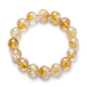 Top-down commercial product photograph of a natural, non-heated, gem-quality Citrine 12mm beaded bracelet made of seventeen (17) chunky, perfectly round beads on a pure #FFFFFF white background. The massive beads showcase a beautiful, untreated variegated mix of warm golden-yellow, honey-amber, and rich reddish-brown or smoky phantom-like zones, alongside icy-clear and milky patches. Each bead is completely unique, packed with wispy internal veils, natural phantoms, tiny hematoid or iron-rich golden and reddish inclusions, and micro-fractures that capture the authentic mineral’s visual depth and highly polished, reflective finish.
