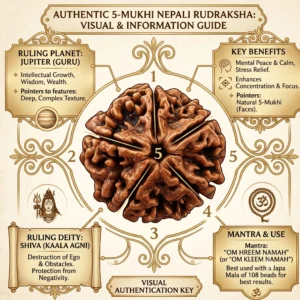 Educational infographic and visual authentication guide for an authentic 5 Mukhi Nepali Rudraksha. Features a detailed top-down view of the 5-faced bead surrounded by panels explaining its ruling deity Shiva (Kaala Agni), ruling planet Jupiter, key benefits for mental peace and focus, and the Om Hreem Namah mantra