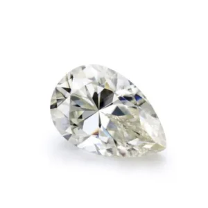 A close-up view of a loose pear-cut moissanite diamond simulant oriented horizontally against a pure white background, showcasing its rounded bottom and pointed tip.