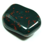 Macro studio shot of a single mirror-polished natural Bloodstone (Heliotrope) tumbled stone isolated on a pure white background, showcasing a deep forest-green chalcedony body speckled with vivid crimson-red hematite inclusions for Root and Heart Chakra vitality.