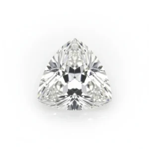 Top-down macro view of a loose trillion cut moissanite diamond simulant isolated on a pure white background, displaying its distinct triangular shape and brilliant facets